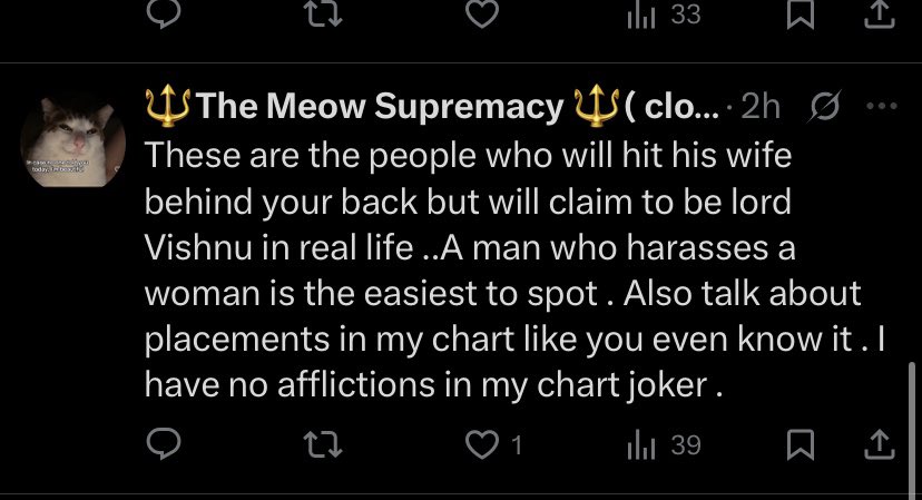 newaccountsoo's tweet photo. Imagine getting so pissed off that you have to resort to lie and say stupid and dumb things like that.

Just because she got so pissed off a normal argument, she made me a “wife beater” and a “harasser”

Ironically she was the one who abused and harassed me when I just said that “the right birth chart of Jesus christ does not exist”

Perhaps she forgot that everybody is not like her dad who was a wife beater.