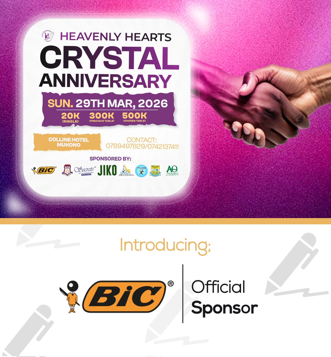 hhm256's tweet photo. 📌_Our spectacular celebration on 29th March 2026 at Colline Hotel Mukono is proudly sponsored by BIC_ ✍️

Grab your ticket – 20K, 300K or 500K – and experience the heavenly choir’s magical performance😍

#CrystalAnniversary
#HeavenlyHeartsMinistries https://t.co/KYJiQA13fz