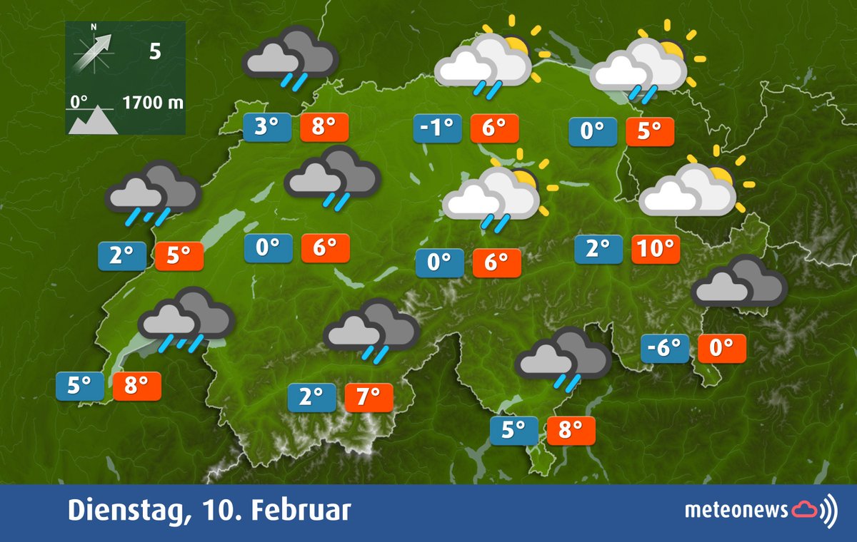 MeteoNewsAG's tweet photo. Der heutige Dienstag gestaltet sich mit vielen #Wolken und aus Westen her mit gelegentlich etwas #Regen. #Flocken fallen dabei ab rund 1000 bis 1400 Metern. Auch im Süden ist es bewölkt und zeitweise nass. (qb)
Mehr Infos auf: https://t.co/2HbU97BwMO https://t.co/58Mr34Iqfu