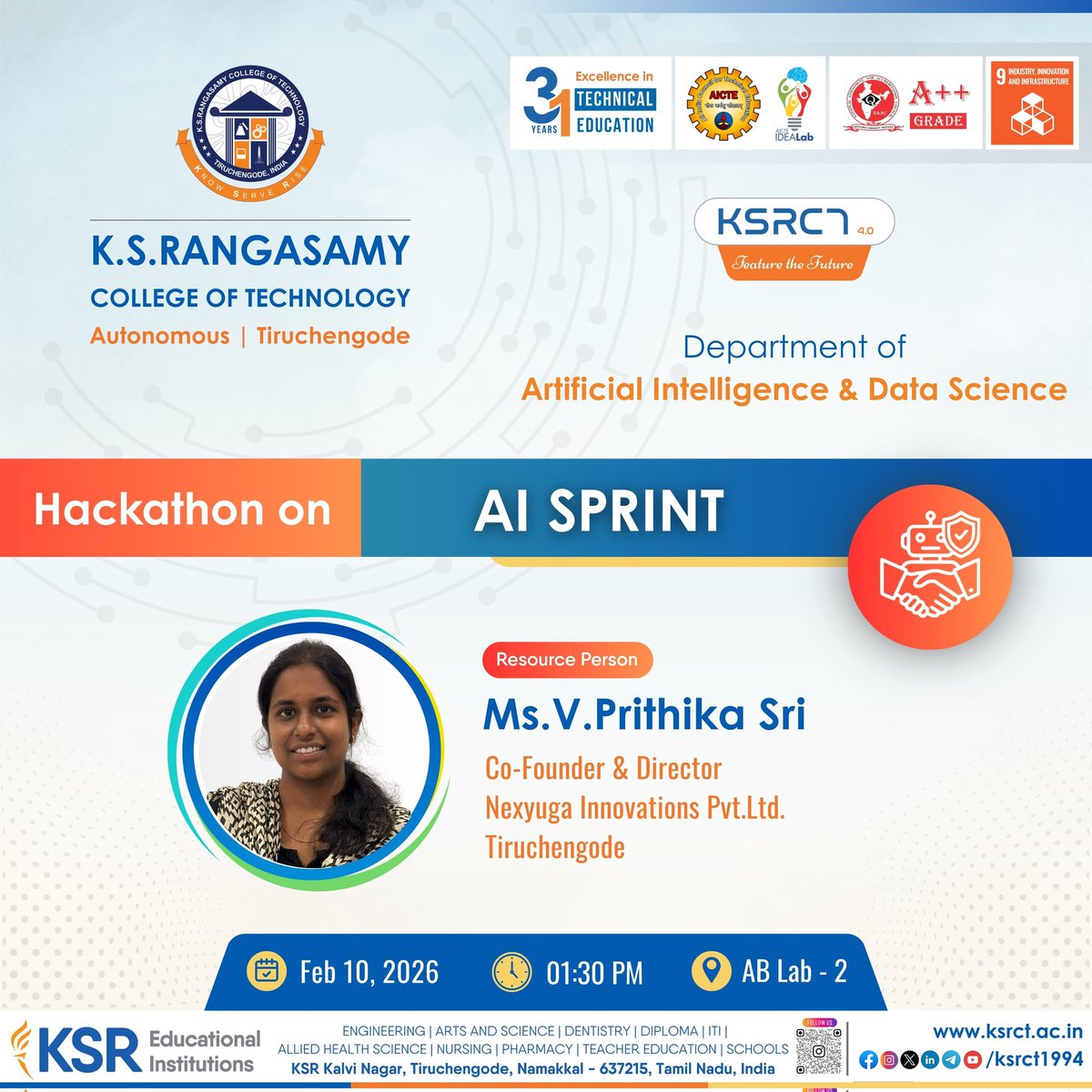 ksrct1994's tweet photo. The Department of AI&DS at K.S.Rangasamy College of Technology is organizing a Hackathon on "AI SPRINT" on February 10, 2026, 01:30 PM @ AB Lab-2.
#ksrct1994 #ksr #ksrei #AISprint #Hackathon2026 #AIandDS #InnovationInAI #TechSprint #FutureWithAI #StudentInnovation https://t.co/4I3fcvMNla