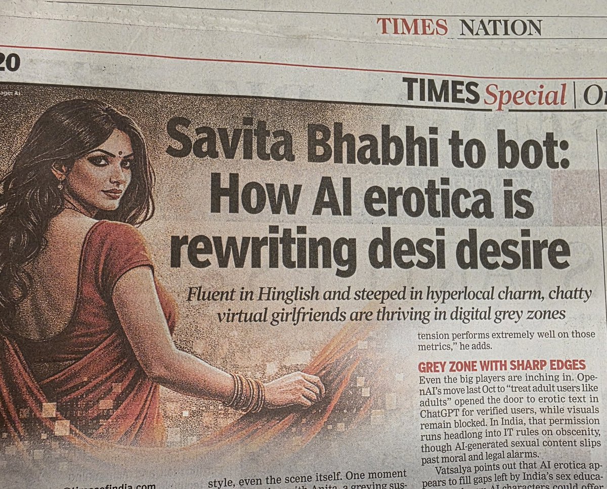 hookvm's tweet image. Do you remember Savita Bhabhi?

Saw this article and it instantly reminded me of early Indian internet days.

From banned webcomics in cyber cafés
to AI bots chatting in Hinglish.

Same curiosity.
New tech stack.

The internet didn’t change desire.
It just upgraded the UX.