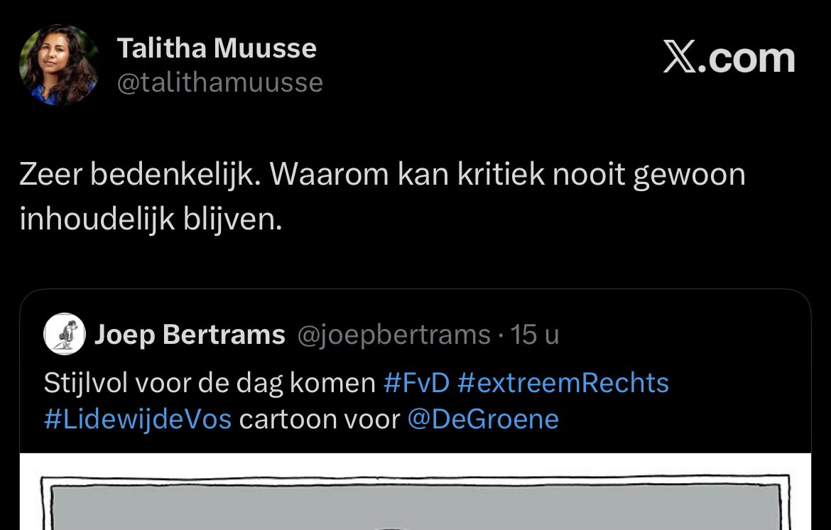 Waarom de FVD zo hard wordt aangevallen en “kritiek niet inhoudelijk kan blijven.” Dat laatste vroeg <a href="/talithamuusse/">Talitha Muusse</a> zich af n.a.v. een cartoon van Lidewij de Vos.

Mijn antwoord is omdat er een grote groep mensen is die het inhoudelijke debat niet kan winnen. Daardoor verschuift