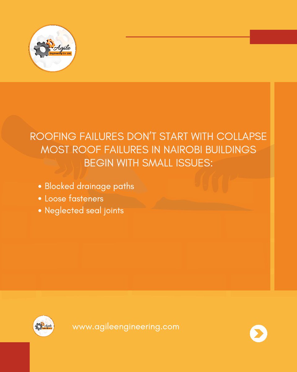 AgileCoLtd's tweet image. Roof failures usually start small — blocked drainage, loose fixings, neglected joints.

Routine inspection prevents major repair costs.

 Save this post for your next roof inspection.
#RoofingSolutionsKE #NairobiConstruction #BuildKE
