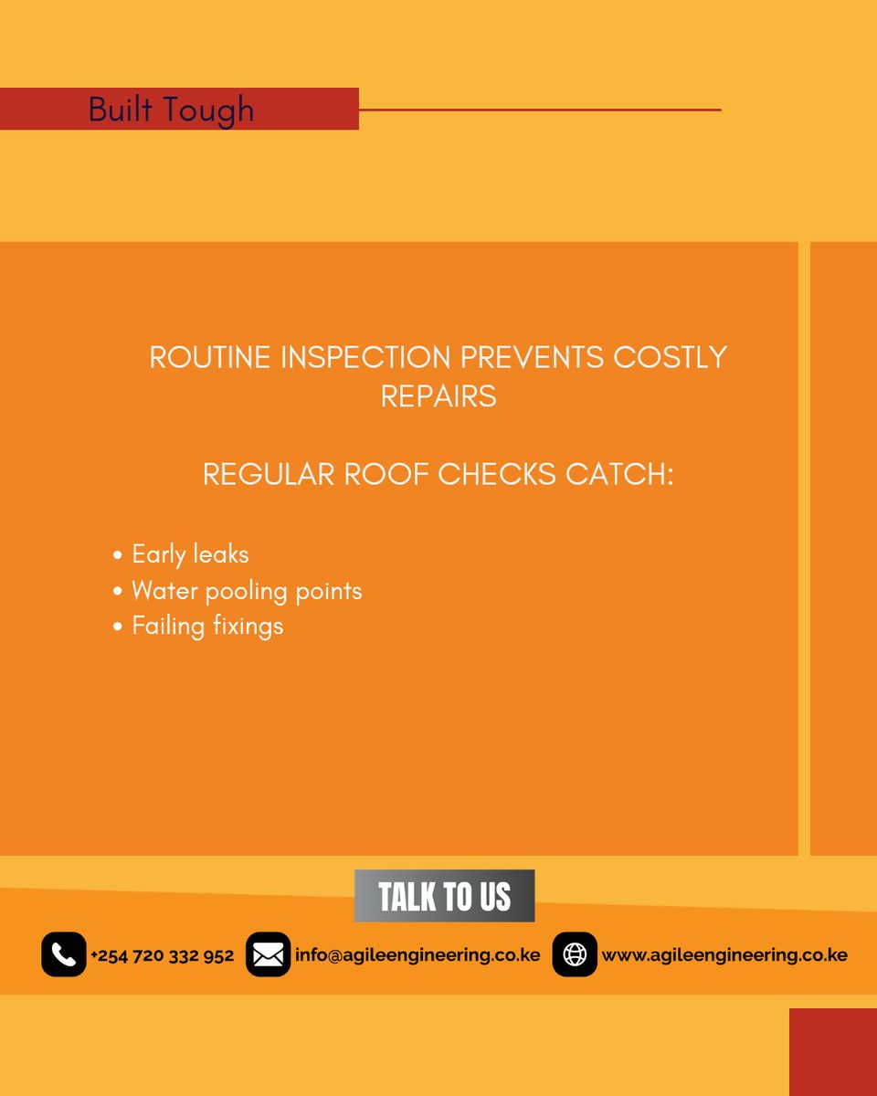 AgileCoLtd's tweet image. Roof failures usually start small — blocked drainage, loose fixings, neglected joints.

Routine inspection prevents major repair costs.

 Save this post for your next roof inspection.
#RoofingSolutionsKE #NairobiConstruction #BuildKE