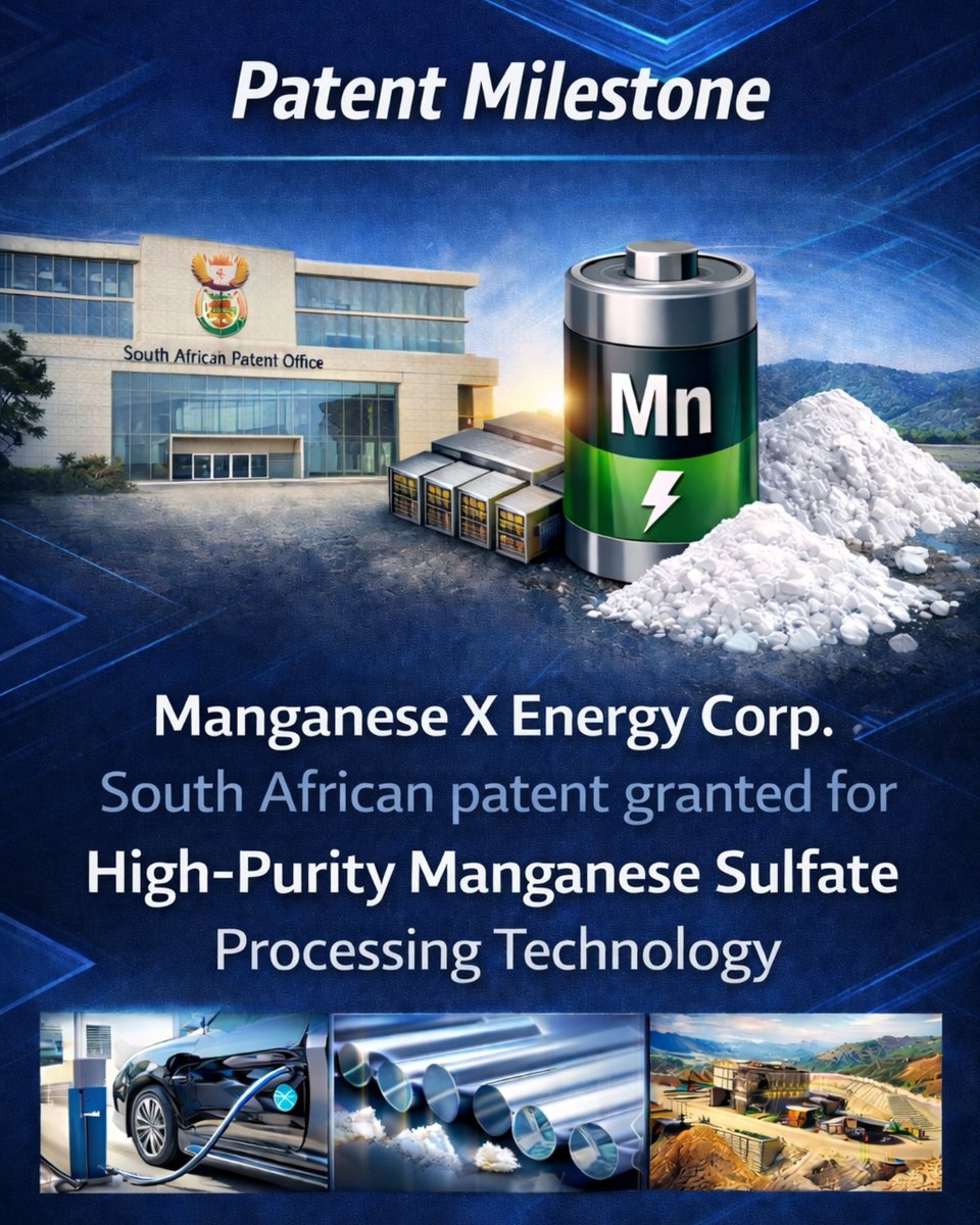 XManganese's tweet image. Manganese X Energy Corp. has been granted a patent by the South African Patent Office for its high-purity manganese sulfate processing technology — a key material used in lithium-ion batteries for EVs and energy storage. 
 newsfilecorp.com/release/283306…

#ManganeseX #MN #BatteryMetals