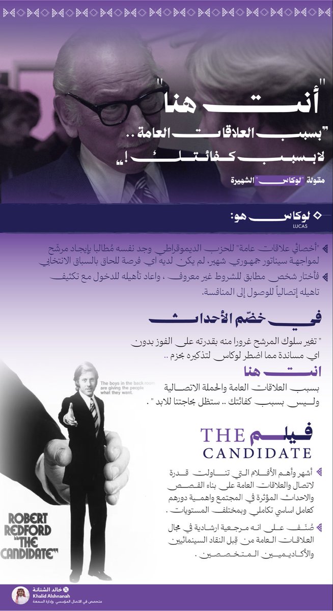 انت هنا بسبب العلاقات العامة .. لابسبب كفائتك !

عندما ظن المرشح المغمور انه قريب من الفوز بالانتخابات الامريكية ضد منافس شرس من الحزب الجمهوري، بسبب تهافت الاعلاميين والصحافة للحصول على تصريحاته وبدأ بالخروج عن مسارة الإتصالي معرضا الحزب لكارثة الخسارة.

فكان فيلم The Candidate