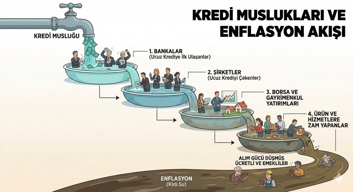 Kredi muslukları açıldığında suda ilk ucuz krediye ulaşan bankalar yıkanır.

İkinci olarak ucuz krediyi çeken şirketler yıkanır. 

Sonra borsa ve gayrimenkul yatırımı yapanlar yıkanır. 

Daha sonra ürün ve hizmetlerine zam yapanlar yıkanır. 

Kirli su enflasyon oluşup alım gücü