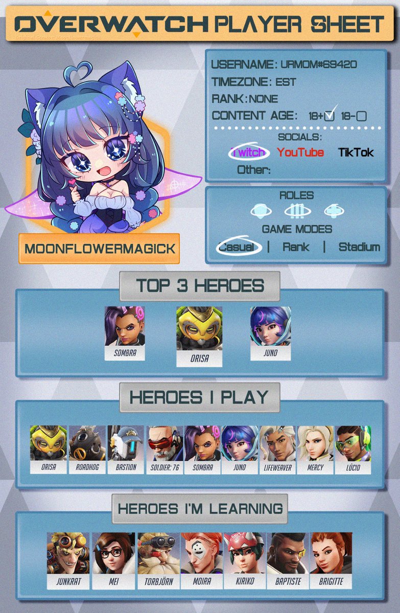 SO READY FOR THE #OVERWATCH UPDATE!

I created this F2U Overwatch Player Sheet for people to share their info with others like when you're looking to collab or group up for rank!

See you 6PM EST for some OwOwatch!

[Disclaimer: that is not my OW Username LOL]