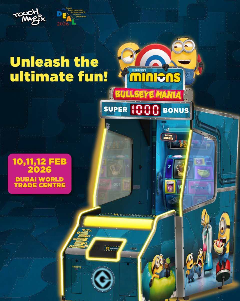Visiting Deal Show 2026?
Stop by our booth 10–12 February and check out Minions Bullseye Mania!
📍 Zabeel Hall 2 | Booth #D03 &amp; E03

#DealShow2026 #DubaiTradeShow #DWTC #DubaiWorldTradeCentre
#ArcadeExpo #AmusementIndustry #entertainmentexpo #touchmagix