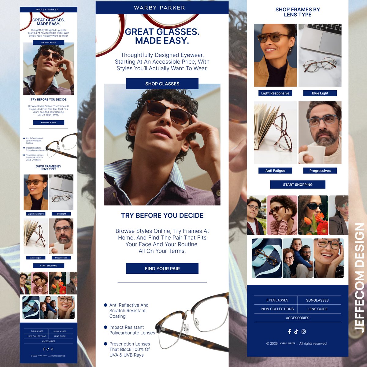 EcomJef's tweet photo. Email design for an eyeglass brand showcasing different

product categories,

unique product features,

a bold header, and

supporting texts.

User-friendly and benefit-oriented CTA.

Send a Dm today, let's set up your flows and campaigns https://t.co/eZT5URx12s