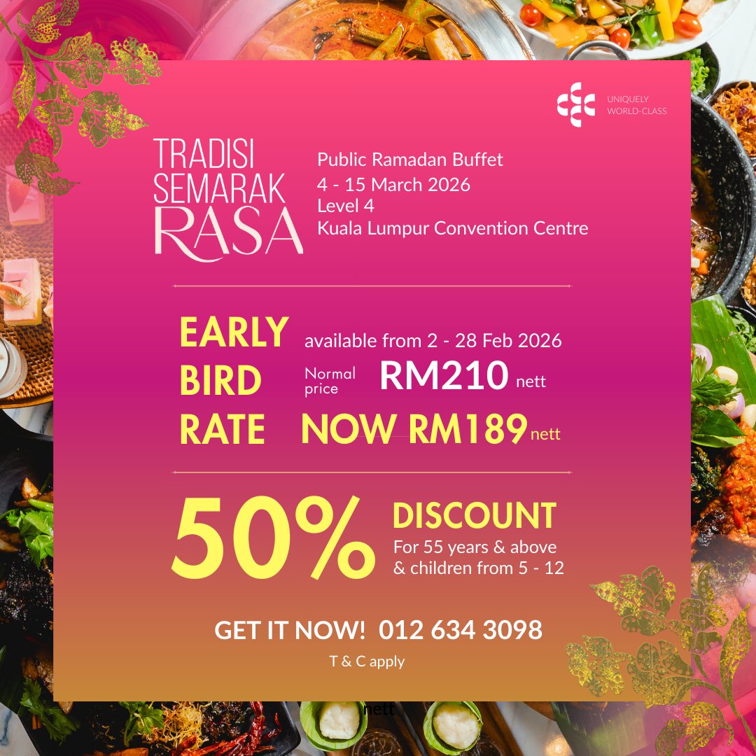 A relaxed buka puasa option for teams, clients and groups looking to gather over good food and easy conversation. 

Expect live chef stations, grilled whole lamb, satay, roti john, fish curry, lemang and crowd favourites, finished with a sweet note.

👉 012 634 3098