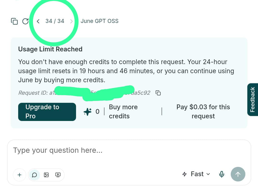 Some people on <a href="/askjuneai/">June</a> (free users) have a daily usage limit of 34 prompts.

That means they can’t reach the full daily points unless they buy credits.

Meanwhile,other free users can still send up to 50 prompts,which allows them to claim their full daily points🤔

This