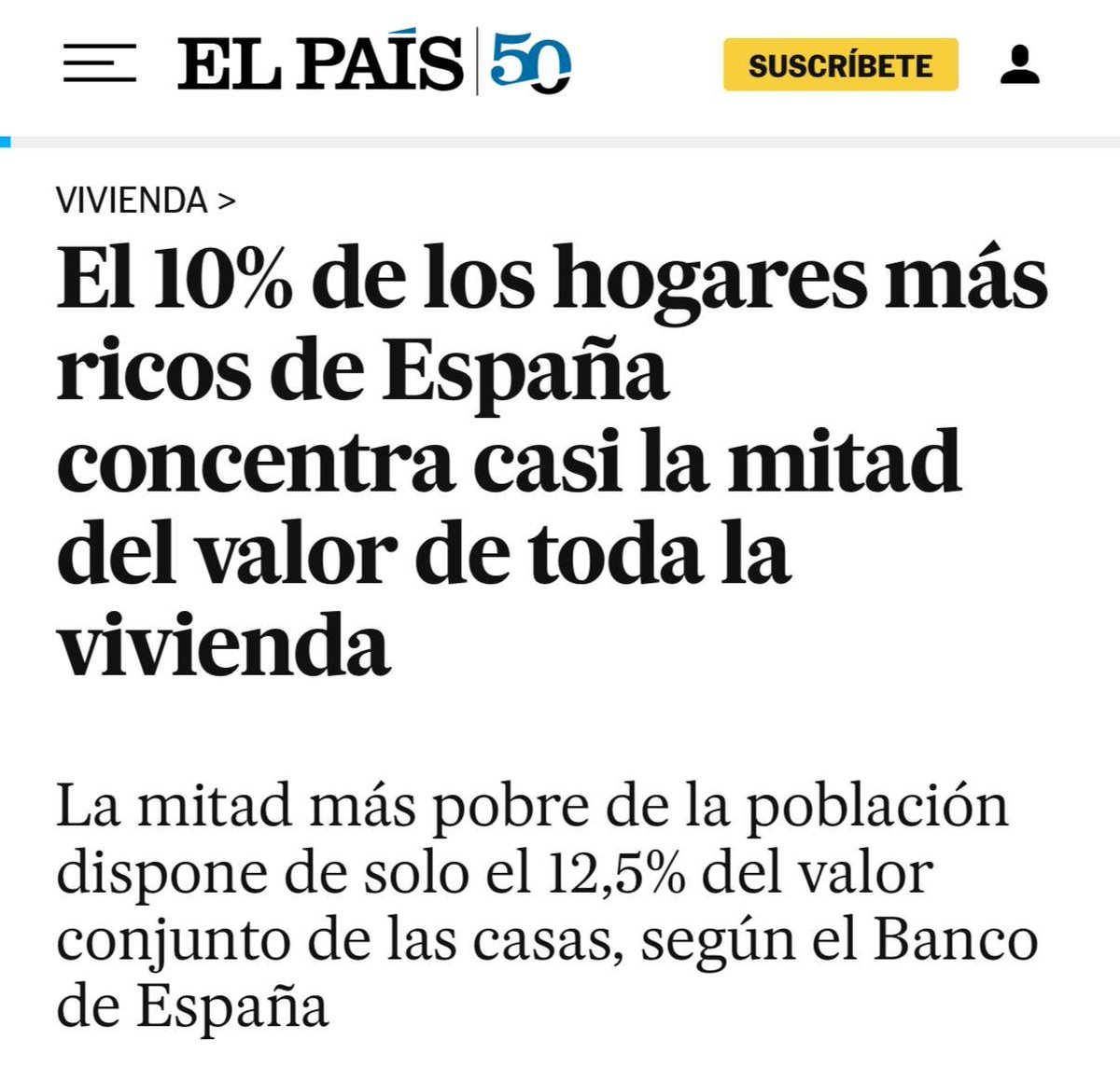 📌 El 10% más rico concentra el 42% del valor de toda la vivienda. Hace 15 años, el 34%.

📌 La mitad más pobre se queda en el 13%. Hace 15 años, el 21%.

En 15 años, el 10% más rico +8. El 50% más pobre, -8%. ¿Hace falta un croquis?