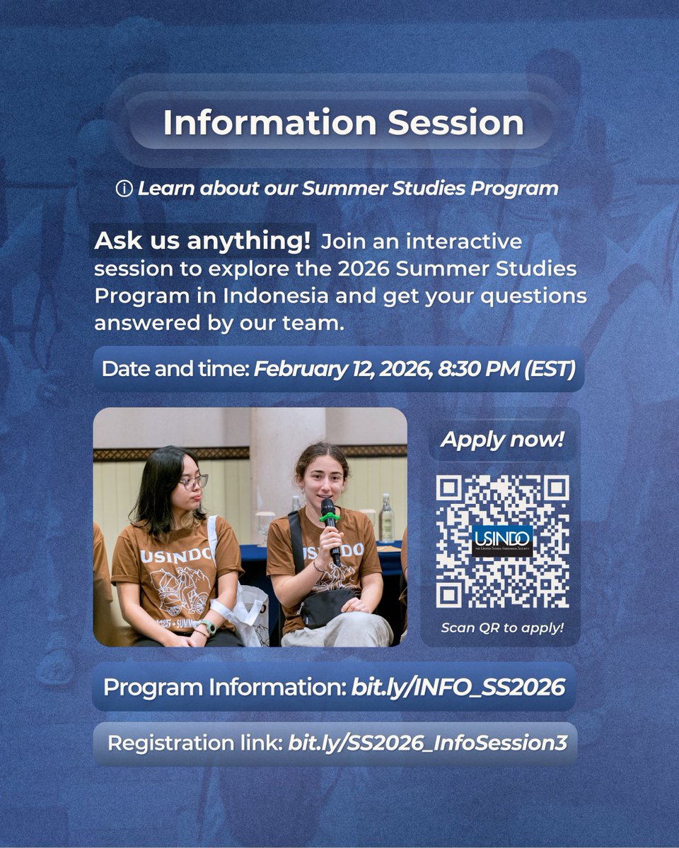 Deadline extended! The 2026 Summer Studies Program now closes Feb 21, 2026.

Have questions? Join our Info Session to learn more and connect with the USINDO Jakarta team.

Register: bit.ly/SS2026_InfoSes…
Apply: bit.ly/USINDO_SS2026

#SummerStudies #Indonesia #StudyAbroad