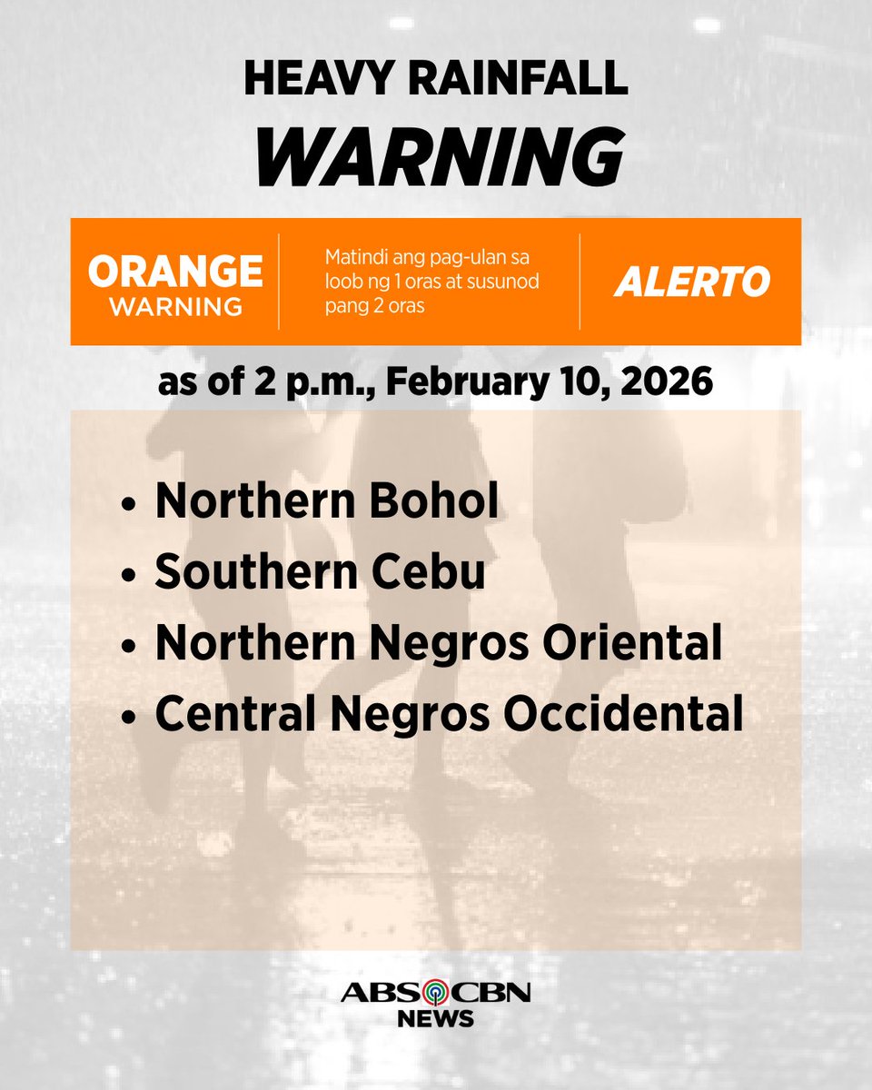 ABSCBNNews's tweet photo. PAGASA HEAVY RAINFALL WARNING #ShearLine
2PM, February 10, 2026
🔴 RED LEVEL
• Eastern Samar
• Samar
• Biliran
• Leyte
• Southern Leyte
• northern and central Cebu
• northern Negros Occidental
🟠 ORANGE LEVEL
• northern Bohol
• southern Cebu
• northern Negros Oriental
• central Negros Occidental
🟡YELLOW LEVEL
• rest of Bohol
• rest of Cebu
• central Negros Oriental
• rest of Negros Occidental
• Guimaras
⚠️Widespread and serious flooding and landslides are expected in these areas.
Next update at 5 p.m. | #WeatherPatrol via @arielrojasPH