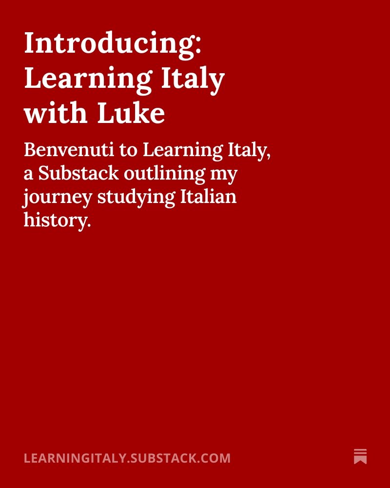 I’ve started a new Substack (I know, not another one!), where I’ll be posting monthly.

This year, I wanted to learn more about Italian history and because I can’t afford to go back to university, I’m self-teaching. 

Subscribe to follow the journey 🔗 learningitaly.substack.com