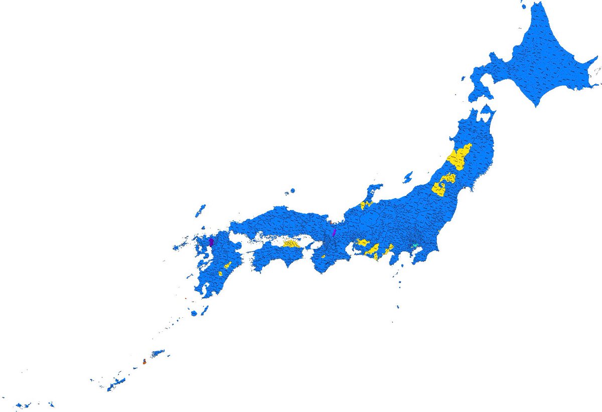 比例野党第一党マップ。

中道改革連合は、北海道全域、鳥取県全域など1796市区町村(行政区含む)で野党一位。

国民民主は、高松市や静岡市全域、金沢市など74。
チームみらいは、港区、中央区、千代田区など12。
参政党は、大阪浪速区、西区など6。
共産は、京都左京区など2。
減ゆは、佐賀市など2。