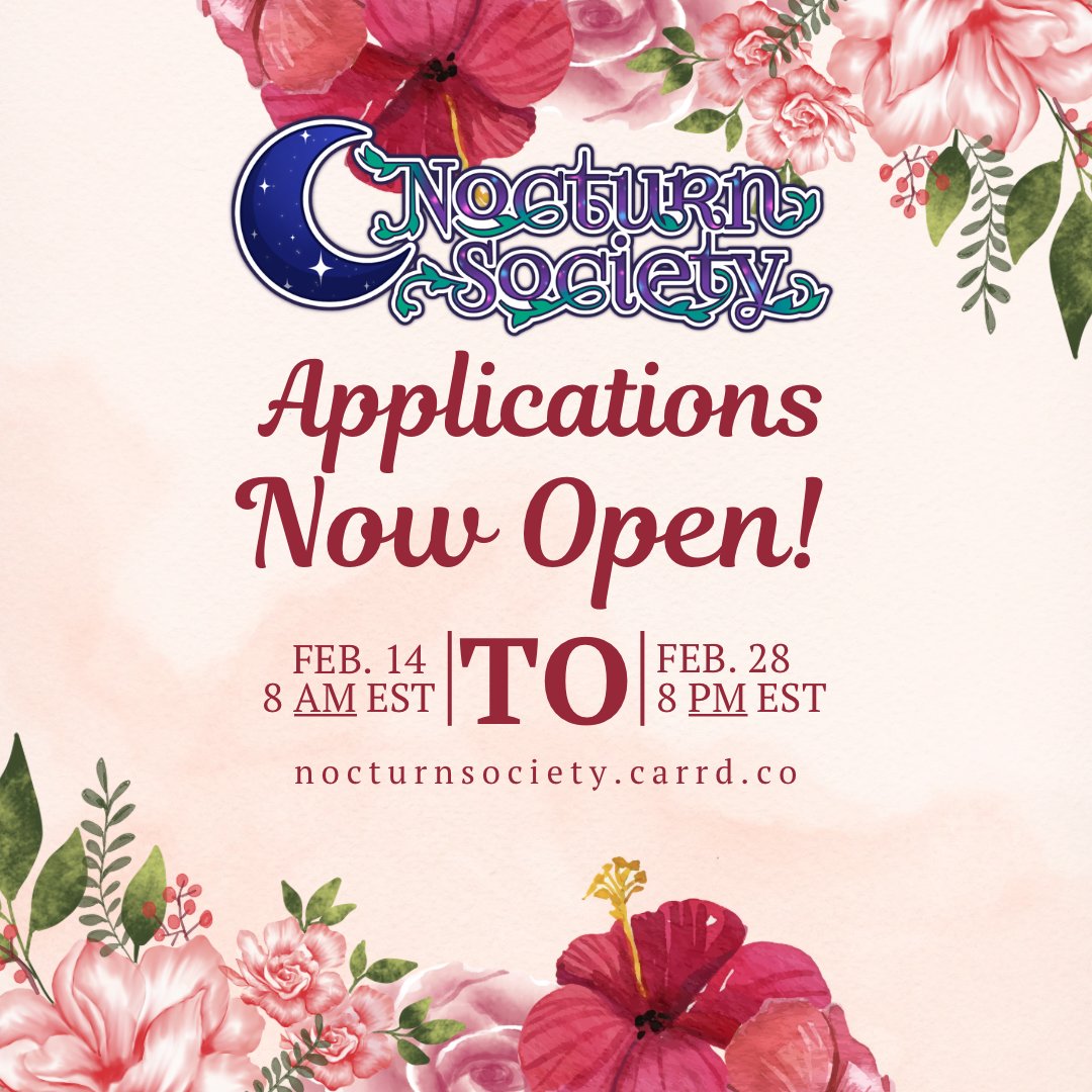 ✨APPLICATIONS ARE NOW OPEN ~

✨Nocturn Society is all about unity and love! We stream and give with a purpose. (We are also a little nocturnal…) 🌙

✨Now’s your chance to join us: nocturnsociety.carrd.co

#invite #nocturnsociety #ValentinesDay #twitch #team #TwitchStreamers