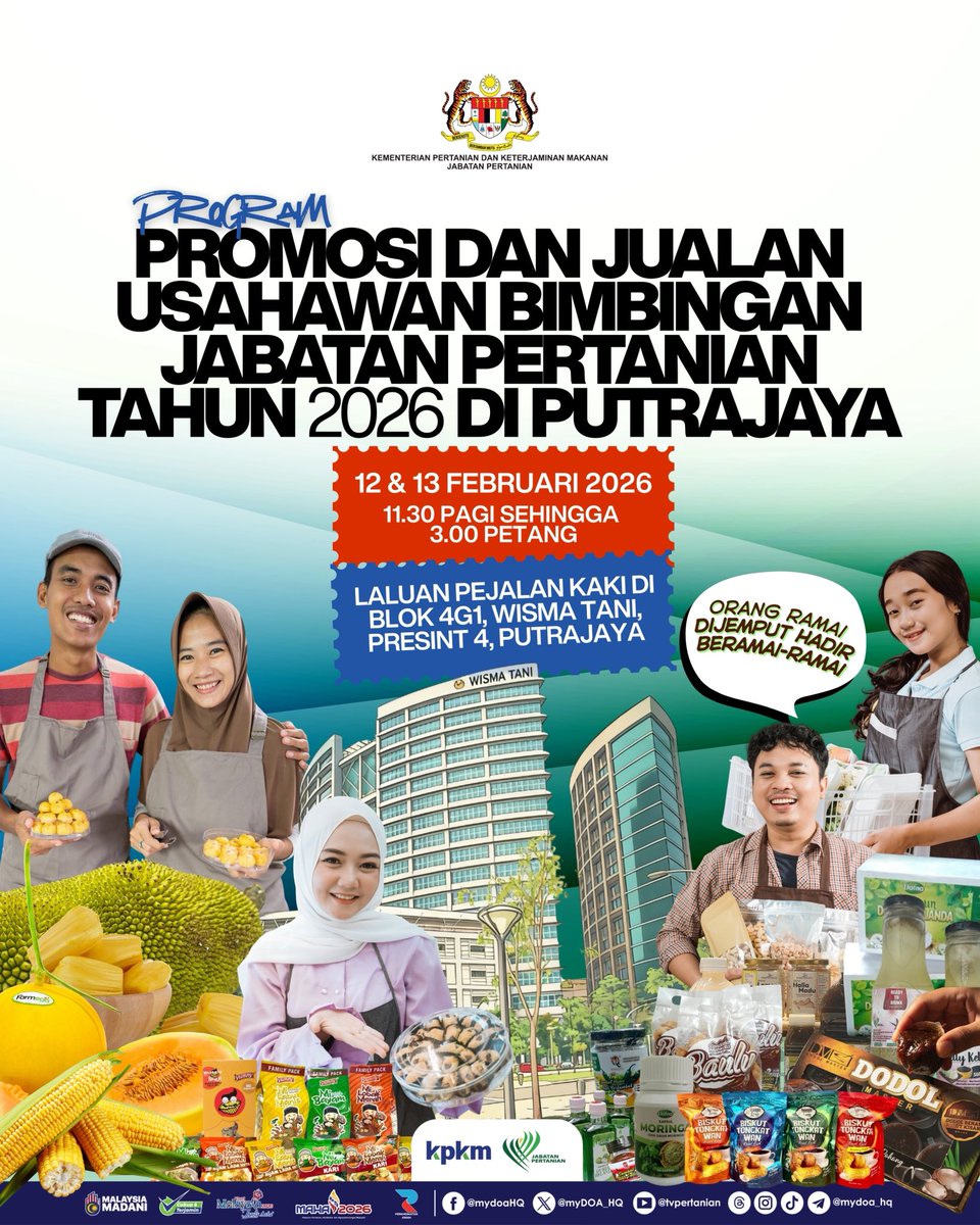 Orang ramai dijemput hadir memeriahkan Program Promosi dan Jualan Usahawan Bimbingan Jabatan Pertanian Tahun 2026 yang menghimpunkan pelbagai produk agrotempatan berkualiti daripada usahawan bimbingan Jabatan Pertanian.
