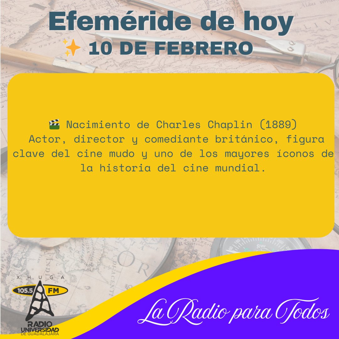 📅 Efeméride del día

🎥 10 de febrero | Nace Charles Chaplin (1889)
Un genio del cine que marcó generaciones con su arte y humor.
En #XHUGARadioUdeG celebramos la cultura y la historia 📻✨
#Efemérides #CharlesChaplin #Cine #Cultura #RadioUdeG #Ameca