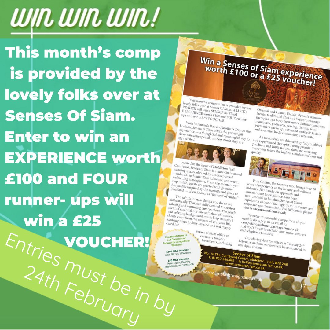 🌈 Who's ready for an incredible treat? Up for grabs is a £100 @sensesofsiamuk experience, plus FOUR runner-ups will snag a £25 voucher! 🤩 Tag a friend who would love this! 👫 
.
limelightmagazine.co.uk/competition
.
#SensesOfSiam #Contest #FeelingLucky #TamworthUK