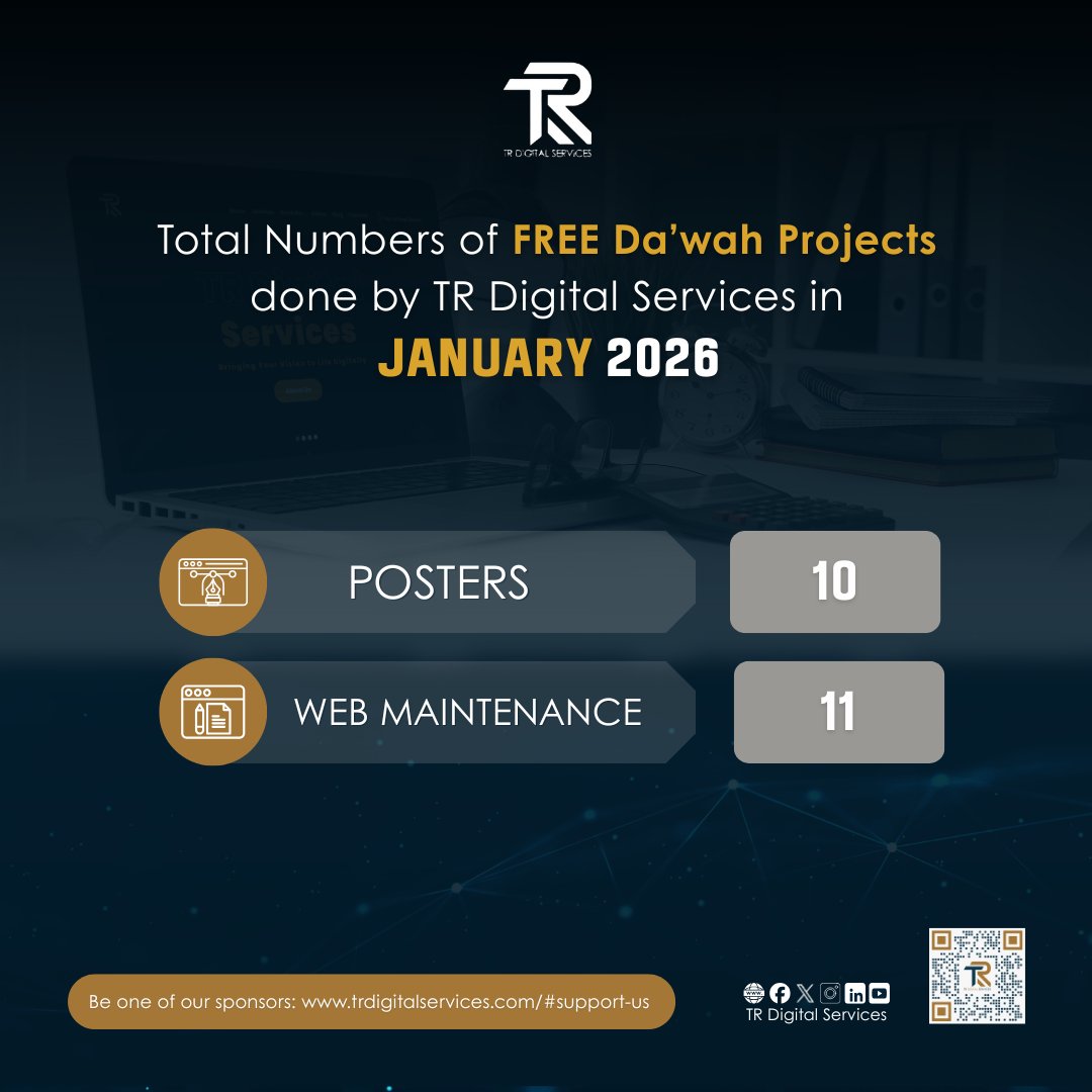 January 2026 Impact:

🖼 10 FREE Da’wah posters
🌐 11 website maintenance projects
Serving organizations that spread beneficial knowledge — one design and one update at a time.

Support our mission:
 trdigitalservices.com/#support-us

#FreeDawahProjects #WebsiteMaintenance #IslamicDesign