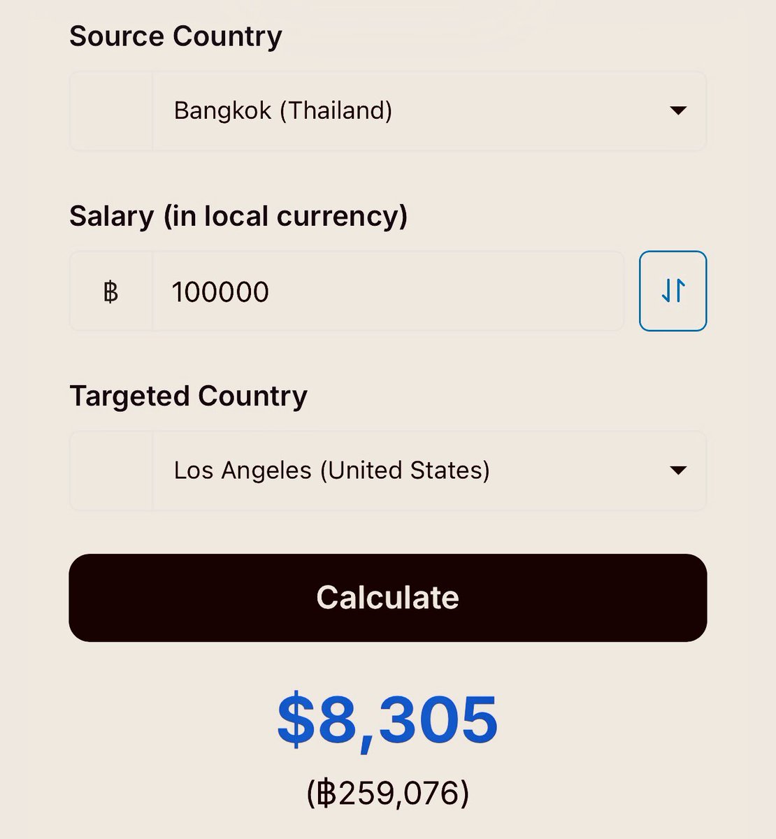เห็นกระแสย้ายประเทศเริ่มกลับมาอีกละ 😆 เลยมาแนะนำ website นี้ครับ.. 

paritydeals.com/ppp-calculator…

มันแปลง Purchasing Power Parity salary converter เพื่อดูเทียบเงินเดือนของระหว่างสองประเทศ.. เช่น.. 

สมมติปกติทำงานได้เงินเดือน 100,000 บาทที่กรุงเทพ.. ถ้ามาอยู่ Los Angeles..