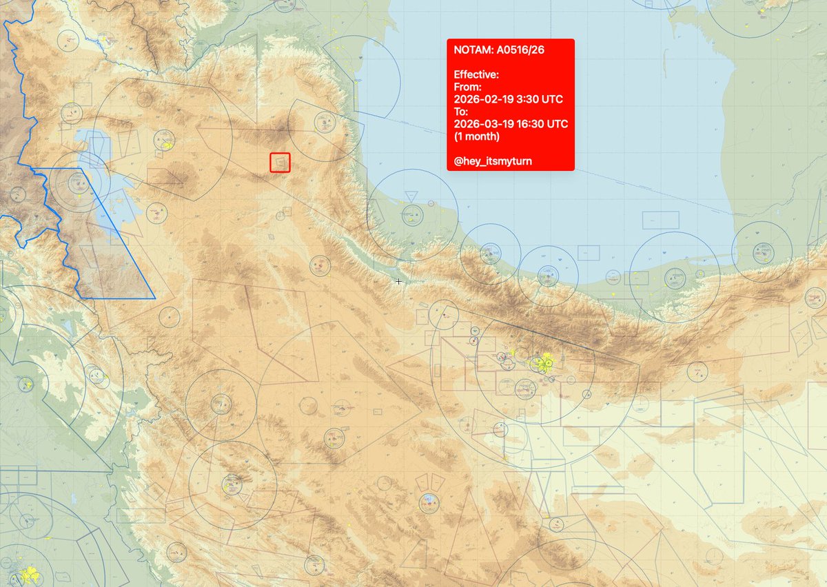 hey_itsmyturn's tweet image. #NOTAM #Iran 
Zone OID126 has been activated for a month 
A0516/26
Effective: 
From:
2026-02-19 3:30 UTC 
To:
2026-03-19 16:30 UTC
(E of Tabriz)