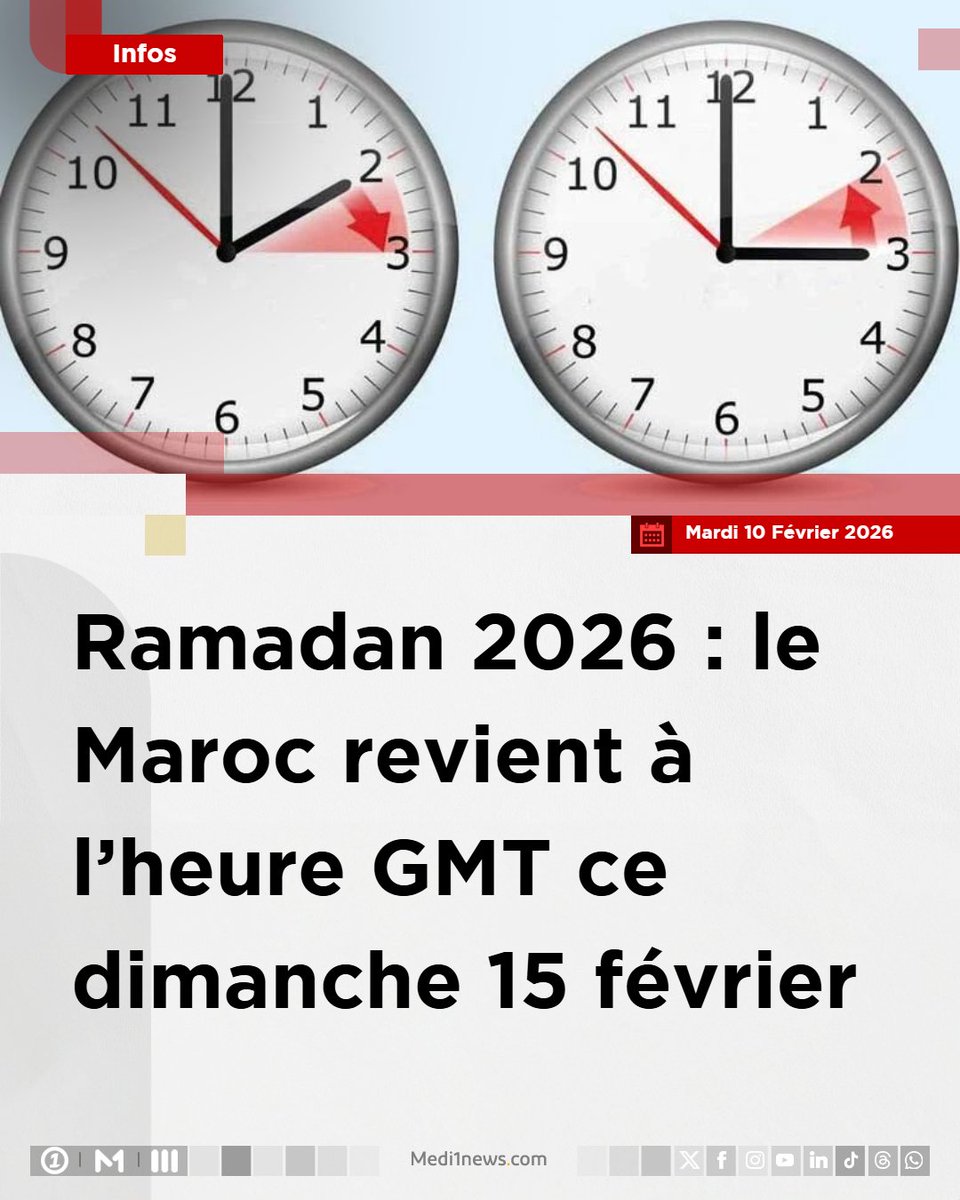Medi1tvAfrique's tweet image. #Ramadan2026 : le Maroc revient à l’heure #GMT ce dimanche 15 février  
ow.ly/Ny7850YcbLc