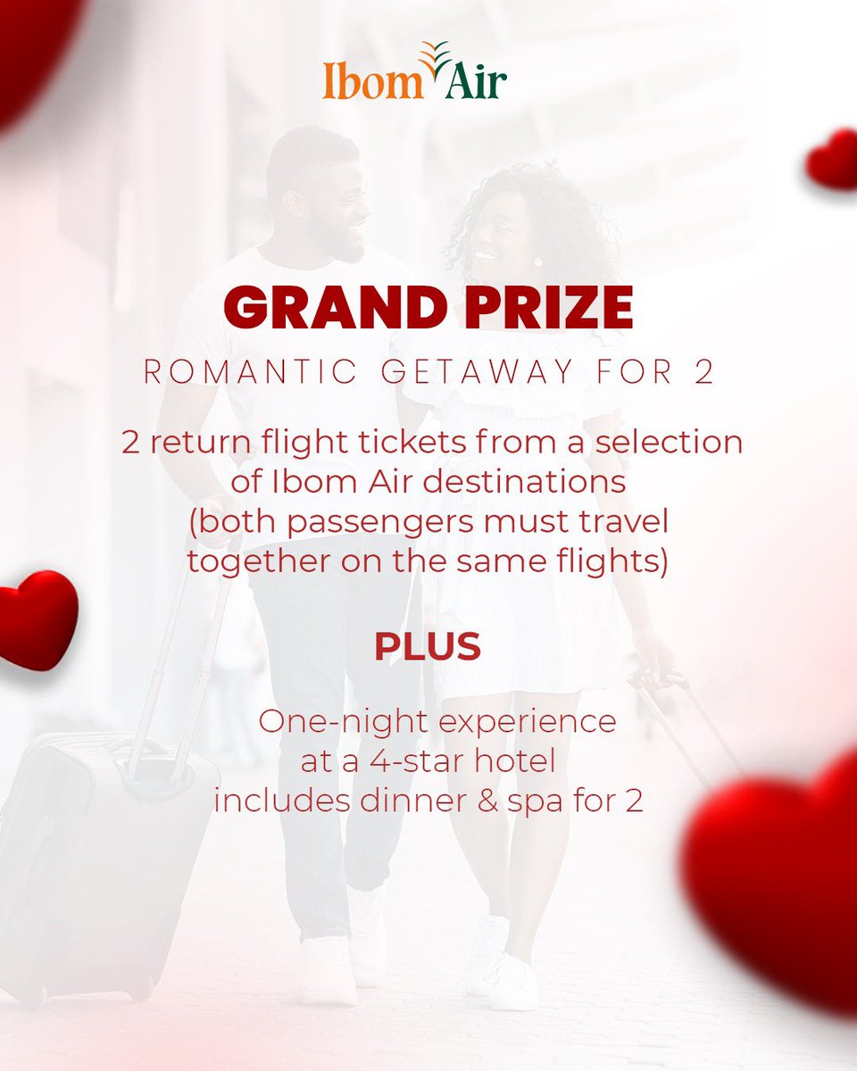 ibomairlines's tweet photo. Love takes you places ❤️
Valentine’s Day is almost here, and we’re celebrating love in its most meaningful form. This is your chance to win a Romantic Getaway for Two, designed for couples who cherish connection, shared moments, and unforgettable journeys. https://t.co/6mUbjSd6XJ
