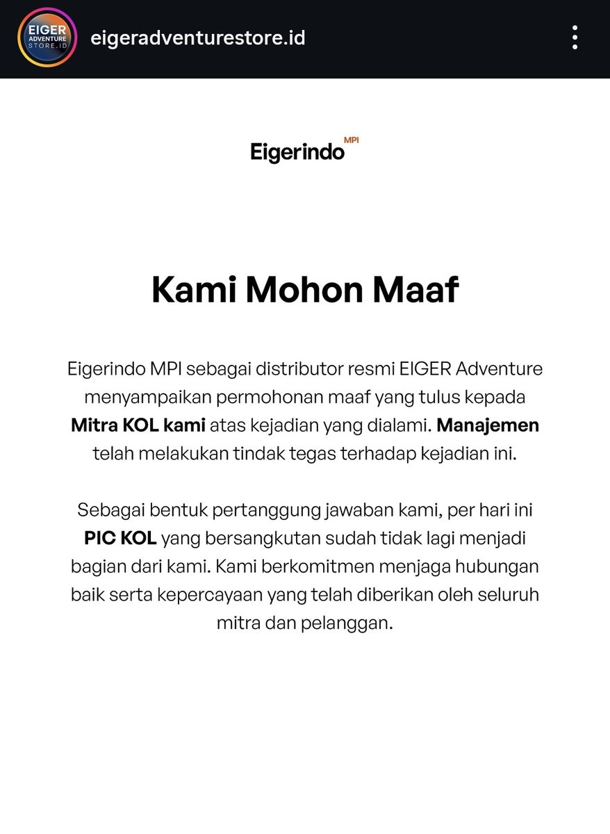 PIC KOL-nya Eiger akhirnya dipecat, imbas kasar ke KOL/influencer