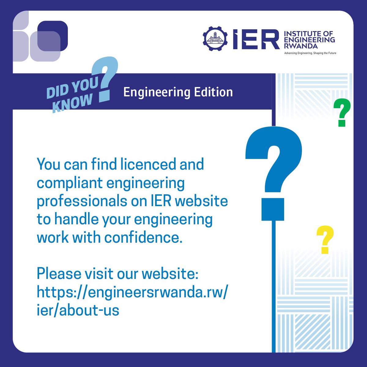 RwandaEngineers's tweet photo. DID YOU KNOW

When engineering work matters, trust matters too.
That’s why #IER connects you with licensed engineering professionals you can rely on.

Learn more: https://t.co/yxFstyxN9s

#EngineeringProfessionals #LicensedEngineers #QualityEngineering #IER https://t.co/L7BbmJSSGS