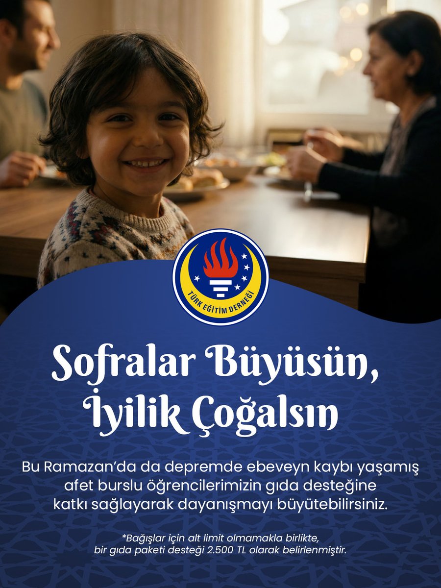Sofralar Büyüsün, İyilik Çoğalsın! 

Bu Ramazan’da da depremde ebeveyn kaybı yaşamış afet burslu öğrencilerimizin gıda desteğine katkı sağlayarak dayanışmayı büyütebilirsiniz.

Bağışlar için alt limit olmamakla birlikte, bir gıda paketi desteği 2.500 TL olarak belirlenmiştir.