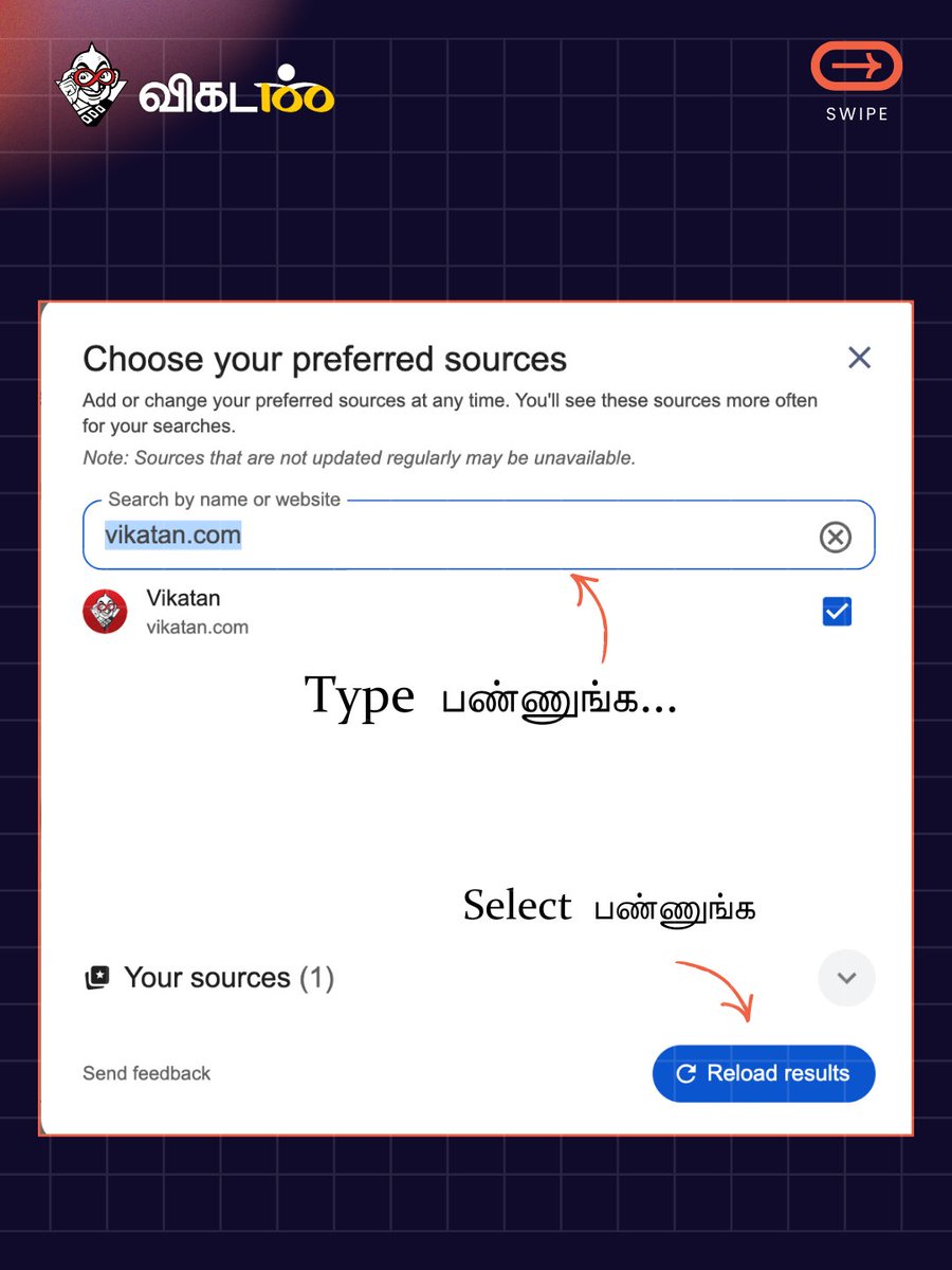 vikatan's tweet image. விகடனை உங்கள் விருப்பமான தேர்வாக கூகுளில் சேர்க்க இந்த முறையை follow பண்ணுங்க... ⬇️

Link - google.com/preferences/so…

#Vikatan | #GoogleNews | #Google