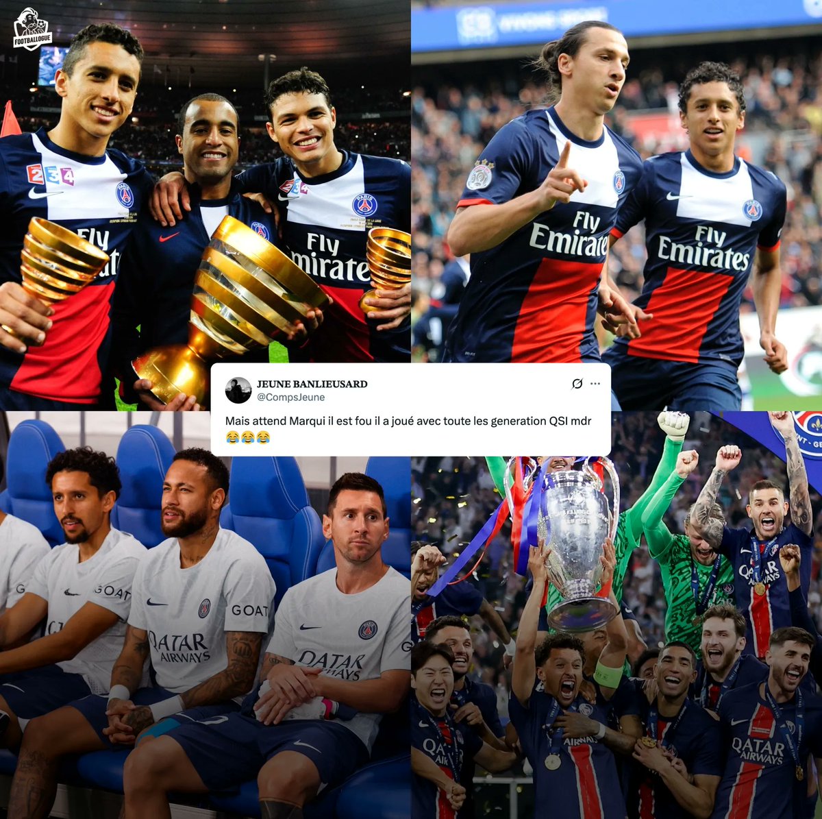 Footballogue's tweet photo. 𝗠𝗔𝗥𝗤𝗨𝗜𝗡𝗛𝗢𝗦 : 𝗗'𝗘𝗦𝗣𝗢𝗜𝗥 𝗔̀ 𝗟𝗘́𝗚𝗘𝗡𝗗𝗘 ! ✨ ❤💙

Arrivé au PSG en 2013 en provenance de la Roma, le brésilien a connu quasiment tous les joueurs de l'ère QSI : 

🇸🇪 Zlatan Ibrahimovic 
🇧🇷 Thiago Silva
🇧🇷 Lucas
🇦🇷 Lionel Messi
🇧🇷 Neymar
🇫🇷 Adrien Rabiot
🇫🇷 Kylian Mbappé
🇮🇹 Thiago Motta
🇮🇹 Marco Verratti
🇺🇾 Edinson Cavani
🇦🇷 Ezequiel Lavezzi
🇫🇷 Jérémy Ménez
🇦🇷 Javier Pastore
🇫🇷 Blaise Matuidi
🇧🇷 Alex
🇧🇷 Maxwell
🇦🇷 Angel Di Maria
🇧🇷 David Luiz
🇨🇷 Keylor Navas
etc...

Et maintenant il accompagne des plus jeunes comme Pacho, Zaïre-Emery, Mendes ou encore Senny Mayulu.

36 titres en 13 saisons au club, dont 10 Ligue 1 et 1 Ligue des Champions. 👏👏

𝗥𝗘𝗦𝗣𝗘𝗖𝗧 𝗣𝗢𝗨𝗥 𝗟𝗘 𝗖𝗔𝗣𝗜𝗧𝗔𝗜𝗡𝗘 🫡