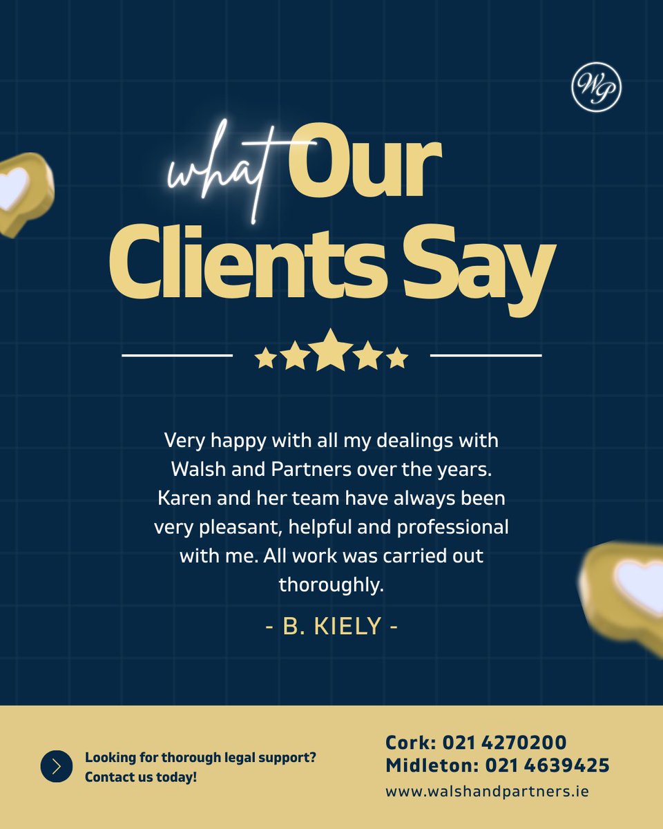 walsh_partners's tweet image. Our clients are at the heart of everything we do.
Get in touch with our team today:

📞 Cork: 021 4270200 | Midleton: 021 4639425
🌐 walshandpartners.ie
📨 info@walshandpartners.ie
.
.
.
#WalshAndPartners #ClientTestimonial #CorkSolicitors #LegalExcellence #Midleton #IrishLaw