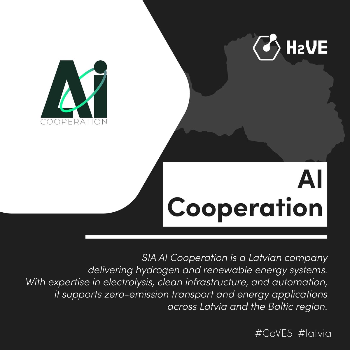 SIA AI Cooperation supports H2VE with expertise in hydrogen production, electrolysis, and renewable integration.

By working with public and private stakeholders, it helps advance scalable, zero-emission energy infrastructure across Latvia and the Baltic region.

#CoVE #Latvia