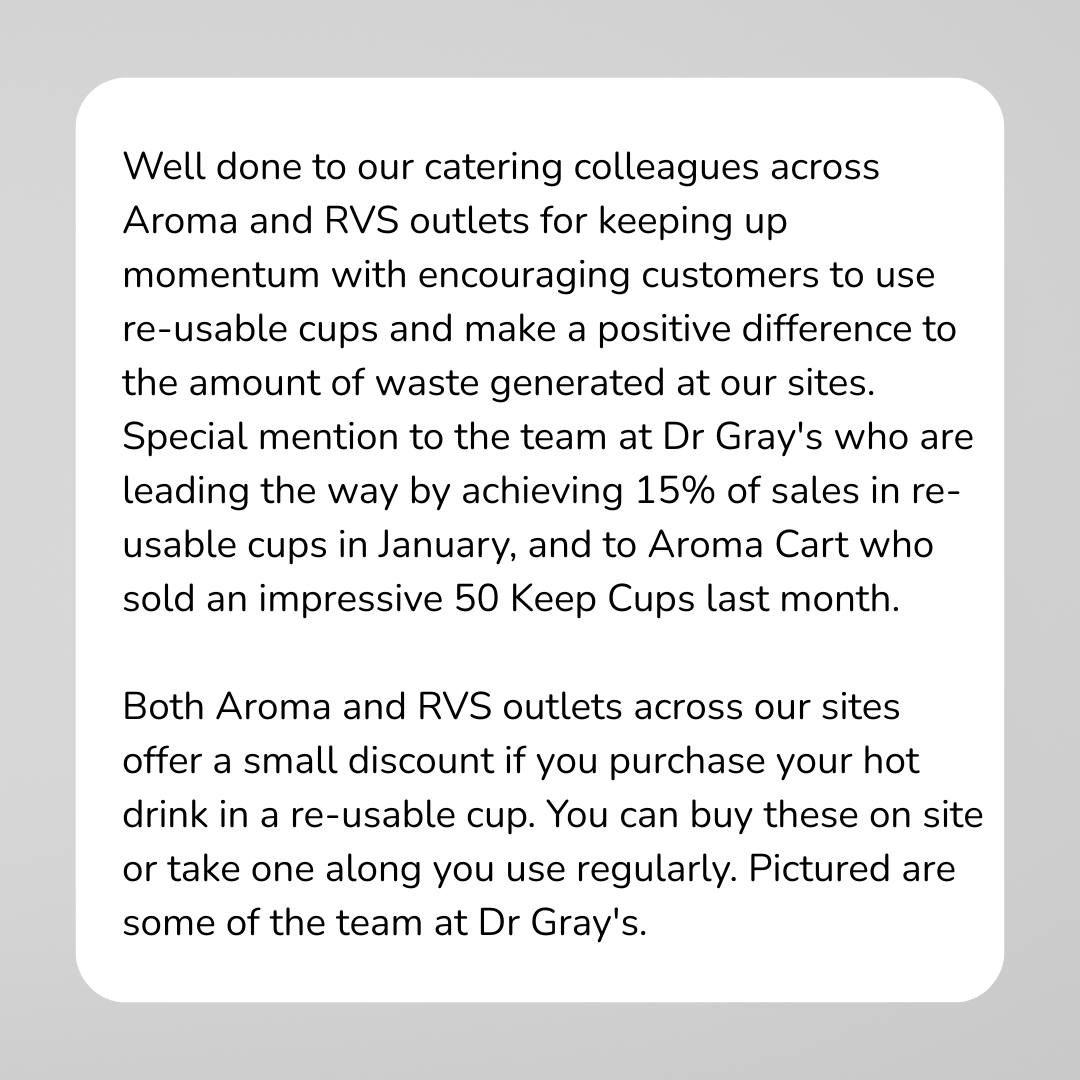 NHSGrampian's tweet image. Well done to our catering colleagues across Aroma and RVS outlets for keeping up momentum with encouraging customers to use re-usable cups and make a positive difference to the amount of waste generated at our sites. 

#SustainableCoffee #ProudToBeNHSG #KeepCups #TeamNHSG