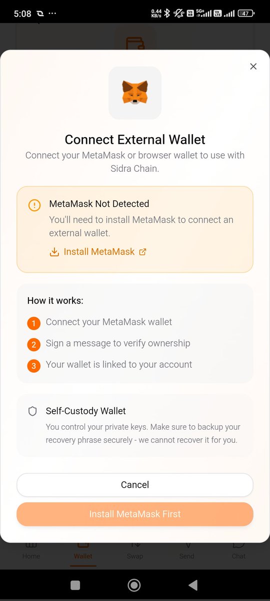🔥 Sensational news for our community 🔥 

Sidra Chain Wallet now supports external wallet integration for the very first time! 🎉 
Users can seamlessly connect trusted options like MetaMask, Trust Wallet, and SafePal, giving full flexibility to manage assets with self-custody