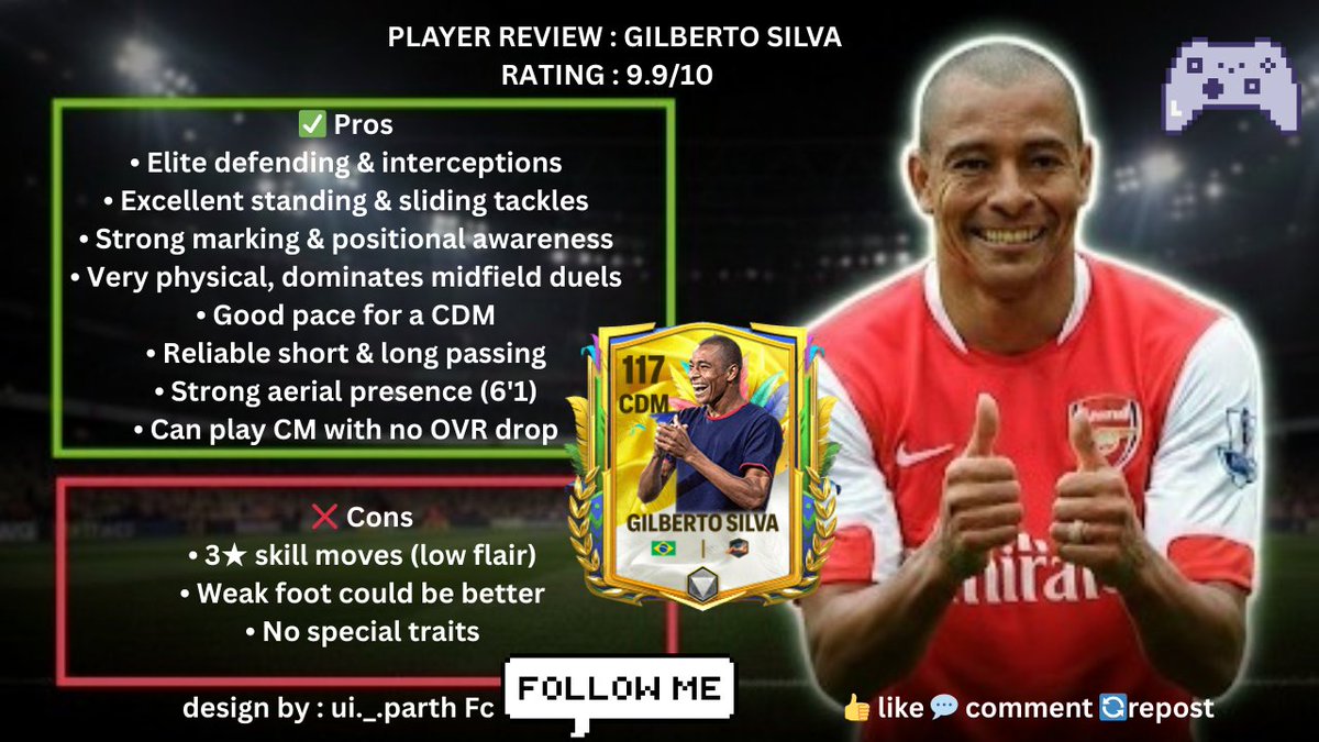 “Elite defending. Zero nonsense.

Gilberto Silva (117 CDM) ✨ full review. 

One of the best defensive mids in FC Mobile?”⏩

Follow for more exciting content like these ✨ 
Drop 💬 and what you think 
#FCMobile #FixFcMobile

<a href="/tutiofifa/">Tío Fifah 🇨🇴 🇵🇸 حرة</a> <a href="/HDWolvie/">WolvieHD</a> <a href="/99rkreddy/">Rk Reddy</a>