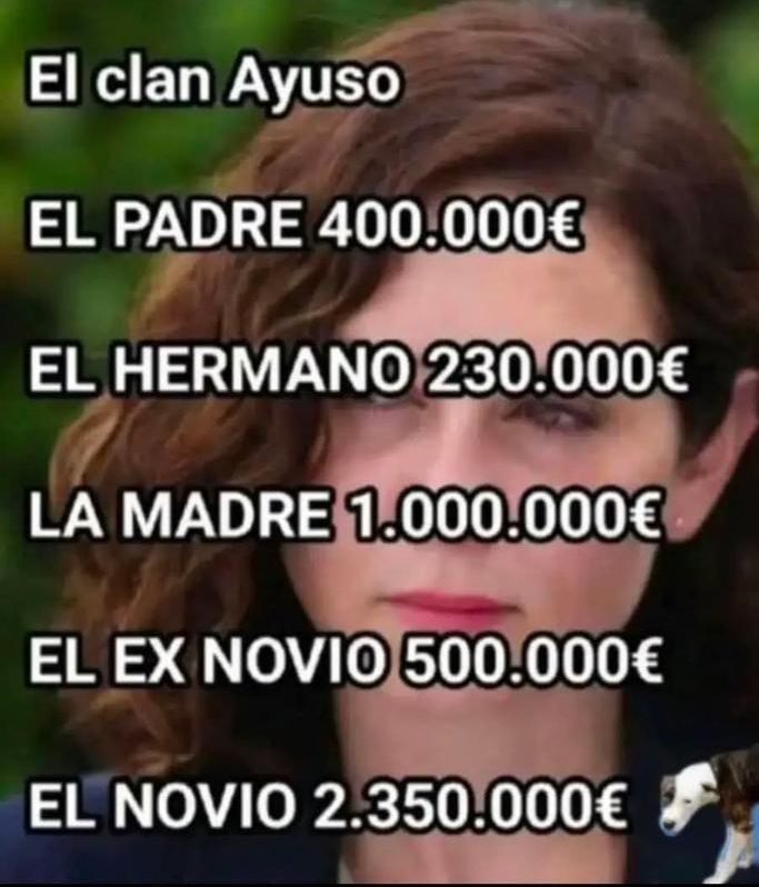 #Ayuso dice que Sánchez le da a los jóvenes 1000 Euros.. Ésta es su última BURRADA ..Ella le está regalando MILLONES a su familia, entre ellos a un delincuente..Su Novio...Y tristemente ésto es cierto
                  👇👇👇