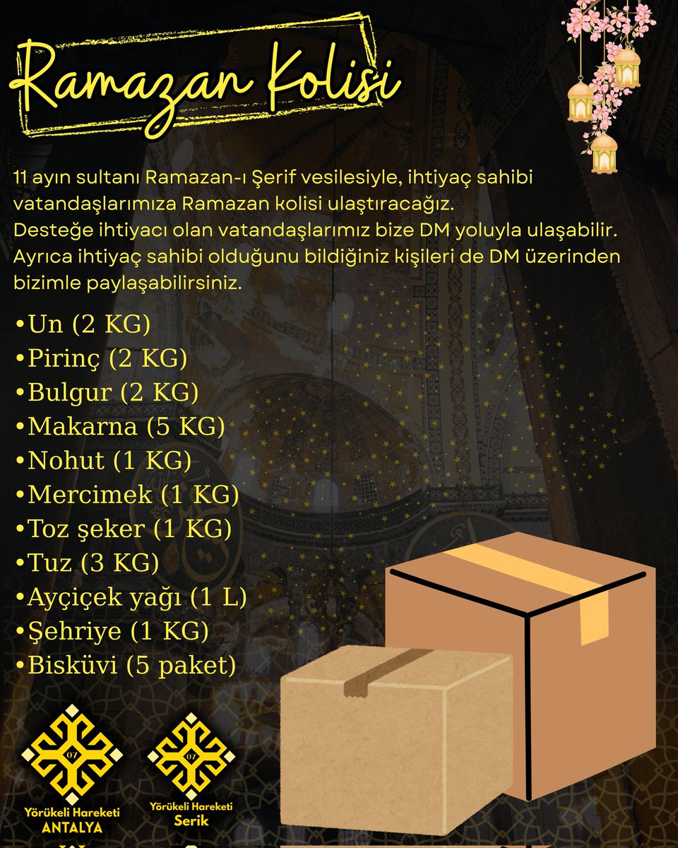 11 ayın sultanı Ramazan-ı Şerif vesilesiyle, ihtiyaç sahibi vatandaşlarımıza Ramazan kolisi ulaştıracağız.
Desteğe ihtiyacı olan vatandaşlarımız bize DM yoluyla ulaşabilir.
Ayrıca ihtiyaç sahibi olduğunu bildiğiniz kişileri de DM üzerinden bizimle paylaşabilirsiniz.