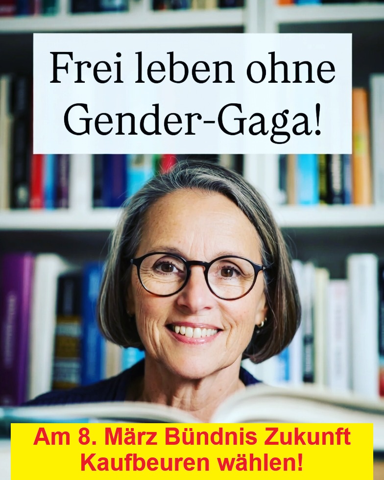 Mit dem "Bündnis Zukunft #Kaufbeuren" gibt es auch auf örtlicher Ebene eine neue Kraft, die sich dafür einsetzt, dass Sie frei leben können ohne Gender-Gaga!
Besuchen Sie am 13.2. unseren Stammtisch, alle Infos finden Sie hier: buendniszukunftkaufbeuren.de 
#BündnisZukunftKaufbeuren