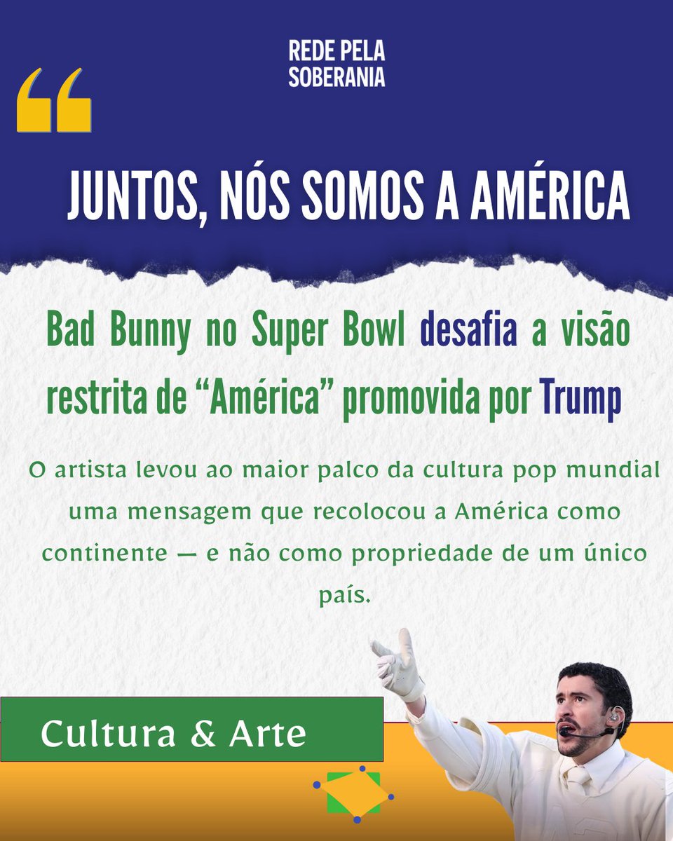 RPSnacional's tweet photo. 1/
Bad Bunny no Super Bowl desafiou a ideia restrita de “América” promovida pelo nacionalismo conservador dos EUA.
Ao citar países do continente americano, o artista recolocou a América como continente — e não como propriedade de um único país. https://t.co/pXtdtyTeWT