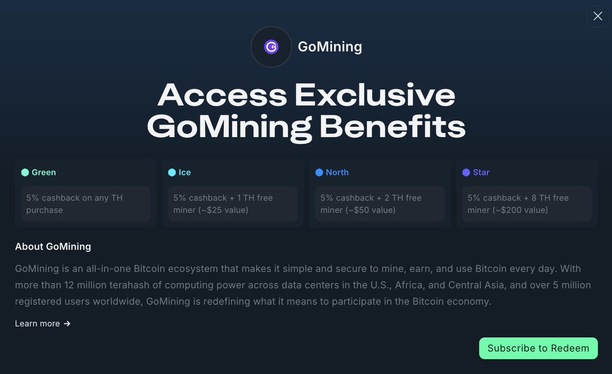 nansen_ai's tweet photo. 4/ The Nansen Points S03 perk: 5% cashback on any hashpower purchase.

🟢 Green: 5% cashback on any TH purchase
❄️ Ice: 5% cashback + 1 TH free miner
🗻 North: 5% cashback + 2 TH free miner
⭐️ Star: 5% cashback + 8 TH free miner

Real BTC rewards, activated in minutes. https://t.co/SYuO071o1E