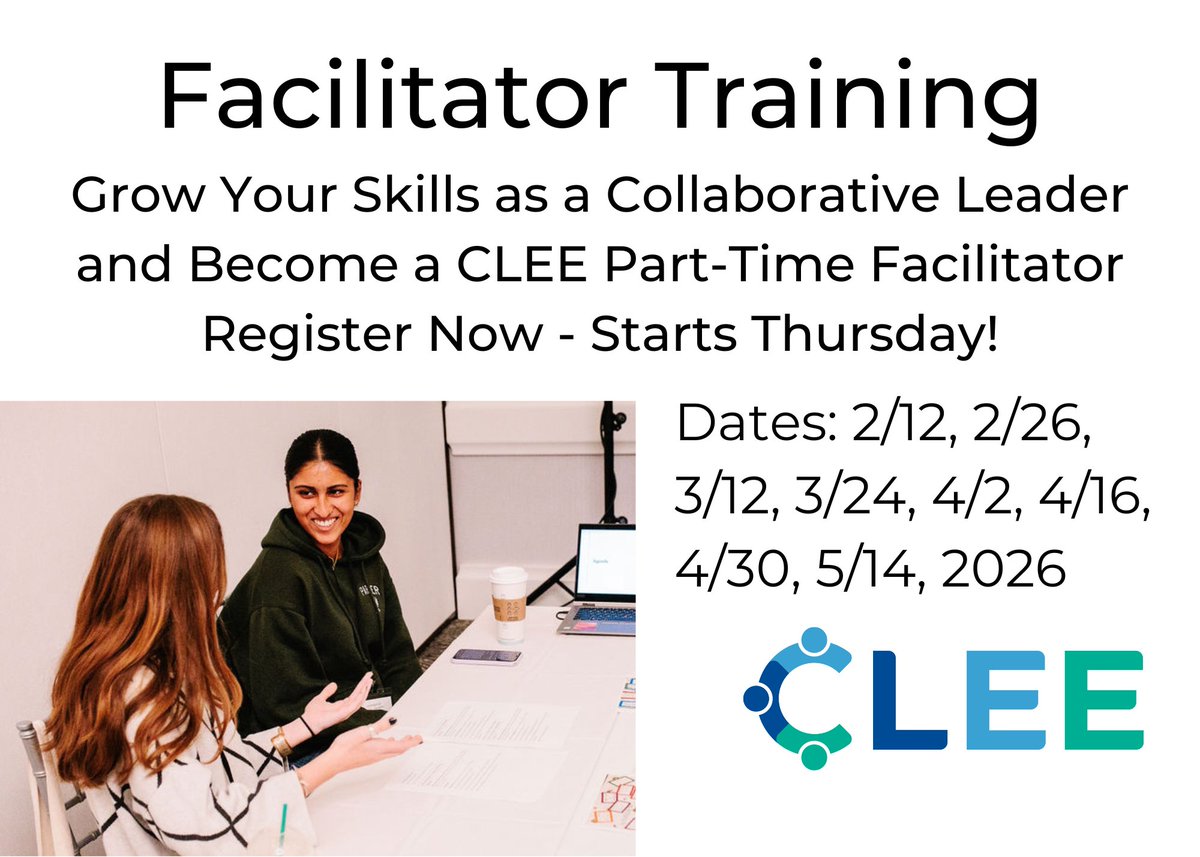 Facilitator Training builds your capacity to lead with purpose and to strengthen collaboration among colleagues. You will sharpen facilitation skills and practice using collaborative tools to share leadership.

clee.org/open-facilitat…