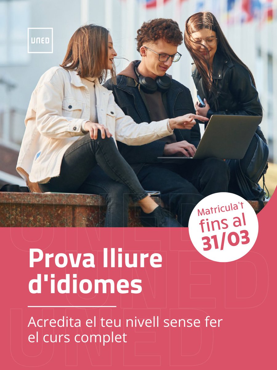 📢 Obert el termini per a la Prova Lliure d’Idiomes! Acredita el teu nivell amb la Prova Lliure d’UNED Idiomes 🎓

✨ Àmplia oferta d’idiomes i nivells
📆 Una única convocatòria: maig–juny
📝 Examen amb 4 proves
👉 Termini obert fins al 31/03/26
🔗 uned.es

#uned