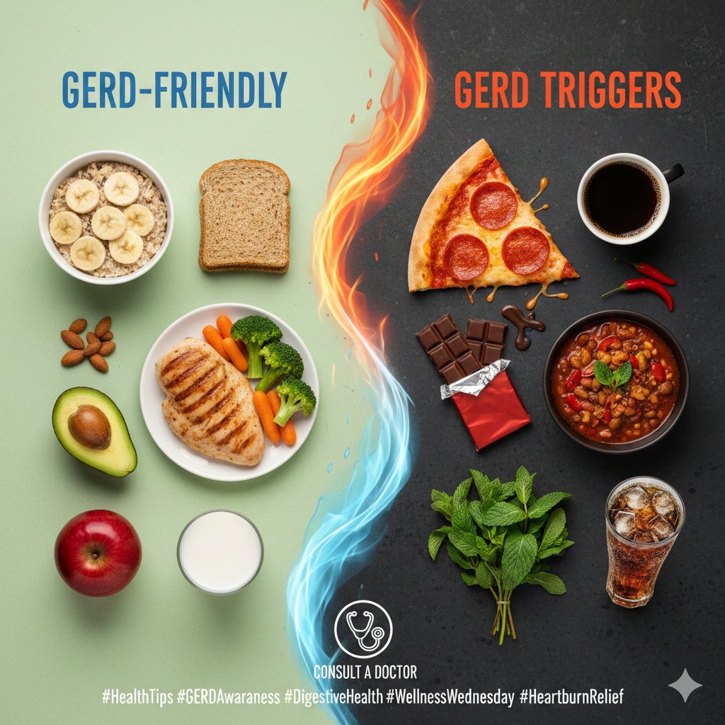 Is it heartburn... or something more? 
​If you're feeling the "burn" more than twice a week, it could be GERD. Don't just ignore the sizzle—your esophagus will thank you!
​Swap these: Spicy pizza, coffee, &amp; late-night snacks.
 Try these: Oatmeal, lean proteins