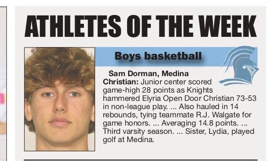Shoutout to Sam Dorman for being named <a href="/MedinaGazette/">The Gazette</a> boy’s basketball player of the week.
#GoKnights