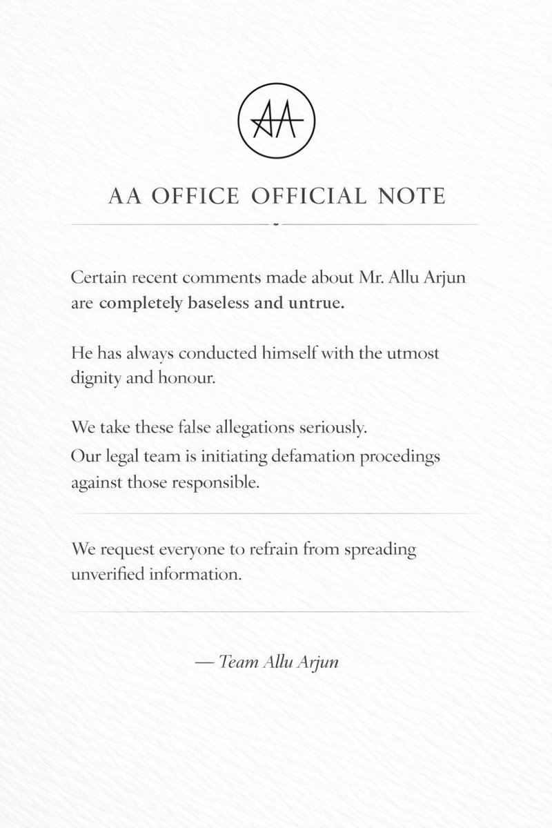 A recent video spreading baseless allegations about <a href="/alluarjun/">Allu Arjun</a> garu is completely false. The matter is being taken seriously and legal action is being initiated against those responsible. Kindly refrain from sharing unverified content.